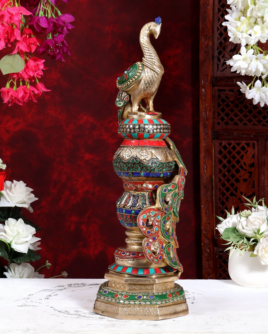 Brassaura® Pure Superfine Brass Handcrafted Peacock Statue | Large Peacock Showpiece with Intricate Stonework for Home Décor, Temple & Luxury Interiors | 20 Inches, 8.5 Kg