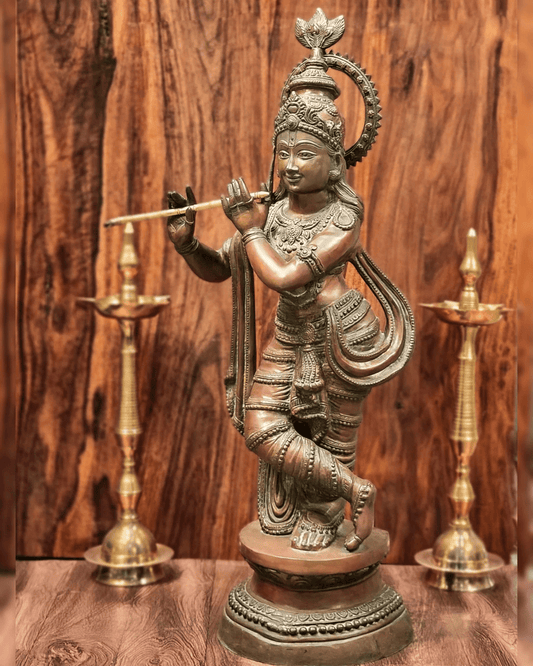 Brassaura™ Large Lord Krishna Brass Statue | Antique Bronze Finish | Height 36 Inches & Weight 22 Kgs