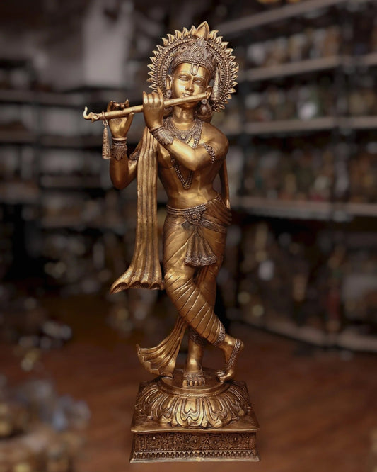 Brassaura™ Life-Size Lord Krishna Brass Statue – Height 79" | Weight 148 Kgs