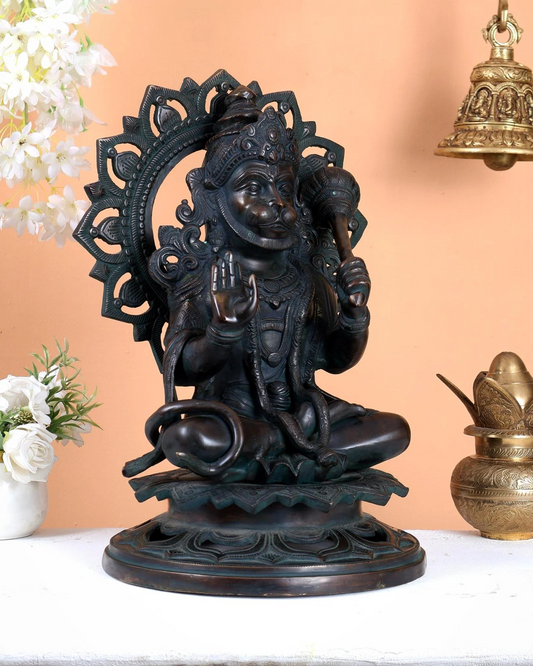 Brassaura® Lord Hanuman Seated Idol with Vintage Bronze Finish | Pure Superfine Brass Handcrafted Murti | Brass Statue for Home Temple, Pooja Room | Height 18 Inches | Weight 19 Kgs