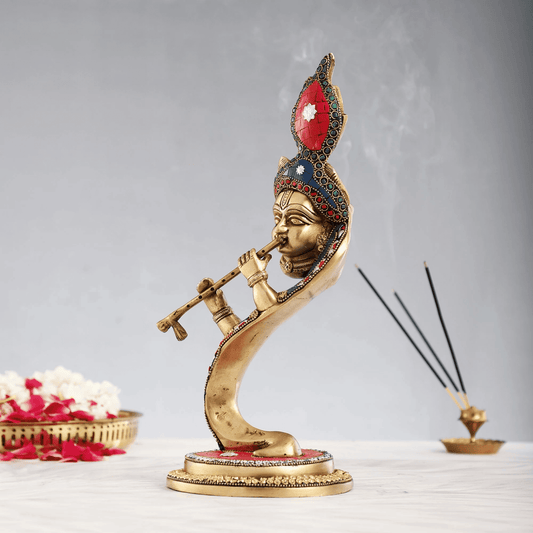 Brassaura™ Lord Krishna Playing Flute | Pure Brass with Colored Stones | Height 13.5 Inches & Weight 2.9 Kgs