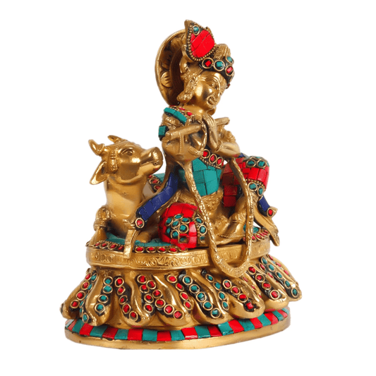 Brassaura™ Lord Krishna with Calf | Pure Brass Idol | Height 8.75 Inches & Weight 4 Kgs