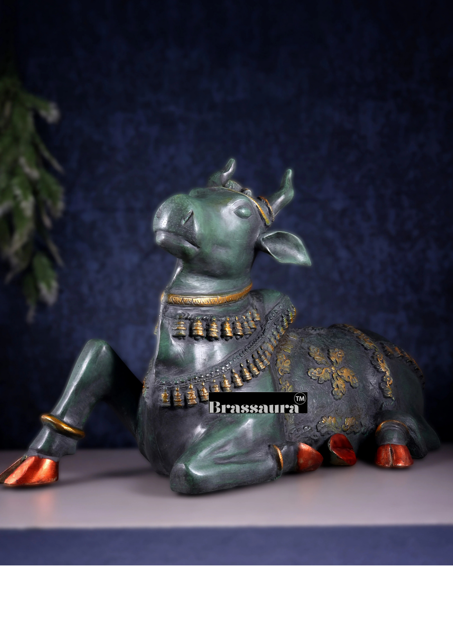 Brassaura™ Brass Antique Large Nandi Sculpture with Pichwai Finish – Height 21.5 Inches & Weight 30 Kgs | Rustic Green Patina Idol