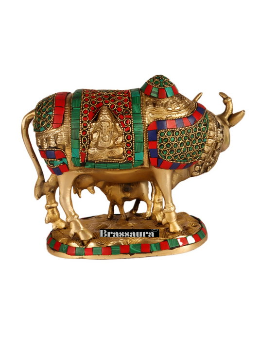 Brassaura™ Brass Cow & Calf Statue with Ganesha and Lakshmi – Height 7 Inches & Weight 3.2 Kgs | Prosperity & Auspicious Décor