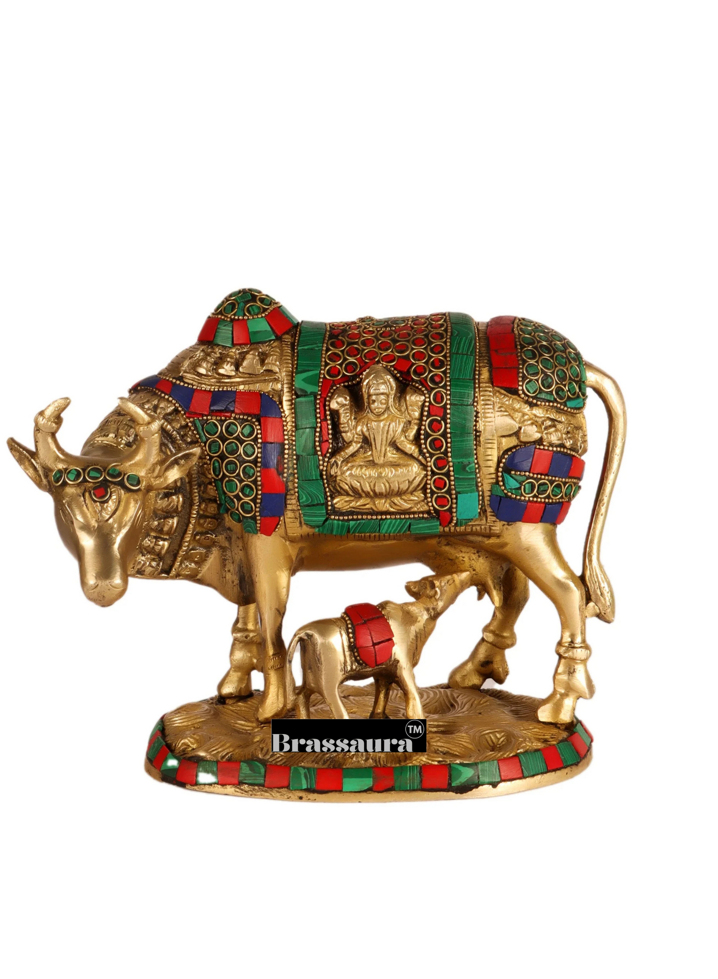 Brassaura™ Brass Cow & Calf Statue with Ganesha and Lakshmi – Height 7 Inches & Weight 3.2 Kgs | Prosperity & Auspicious Décor