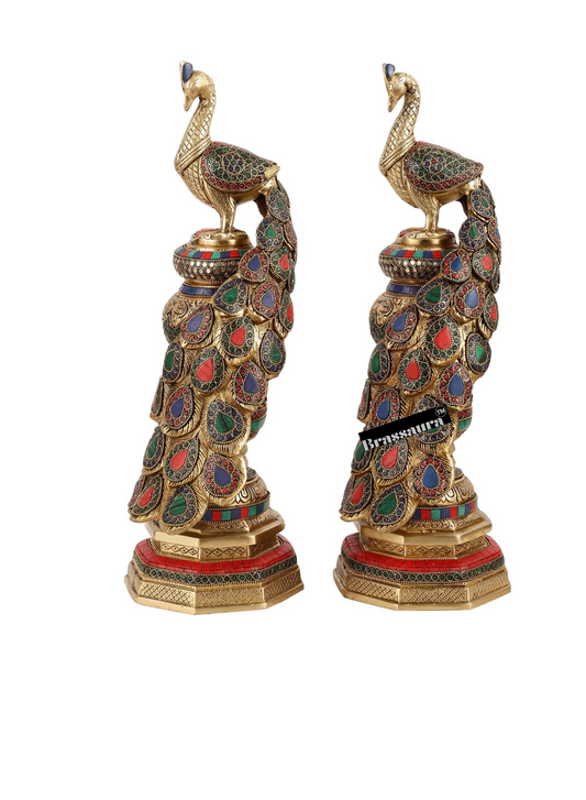 Brassaura™ Brass Large Peacock Showpiece Pair with Meenakari Work – Height 20 Inches Each & Total Weight 17 Kgs