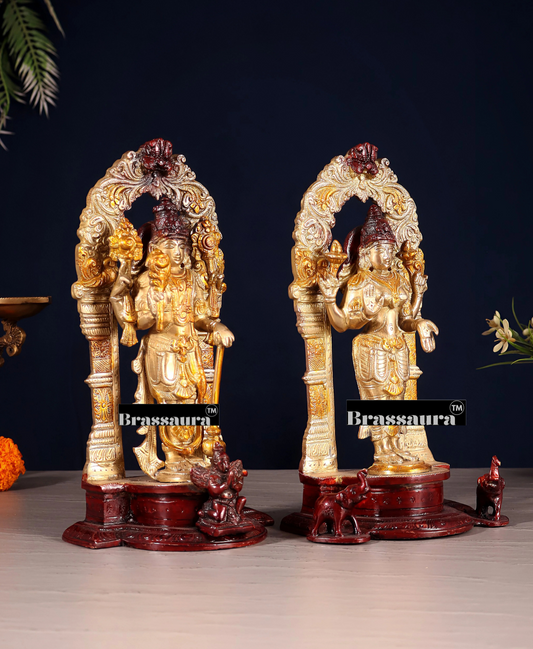 Brassaura® Brass Idols Pair Vishnu Laxmi with Intricately Carved Prabhavalis – 9-Inch, Handmade Hindu God Statues for Home Temple Décor