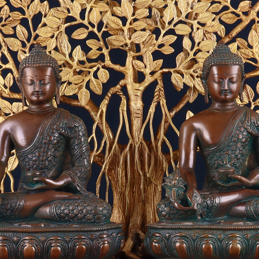 Brassaura™ Brass Pair Buddha With Kalpavriksha Tree – Weight 31.6 Kgs | Artistic Brass Masterpiece Representing Serenity & Wisdom