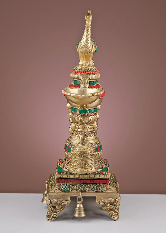 Brassaura® Peacock Brass Diya Lamp with Hanging Bell & Inlay Work | Pure Brass | Height 19 Inches & Weight 7.70 kgs