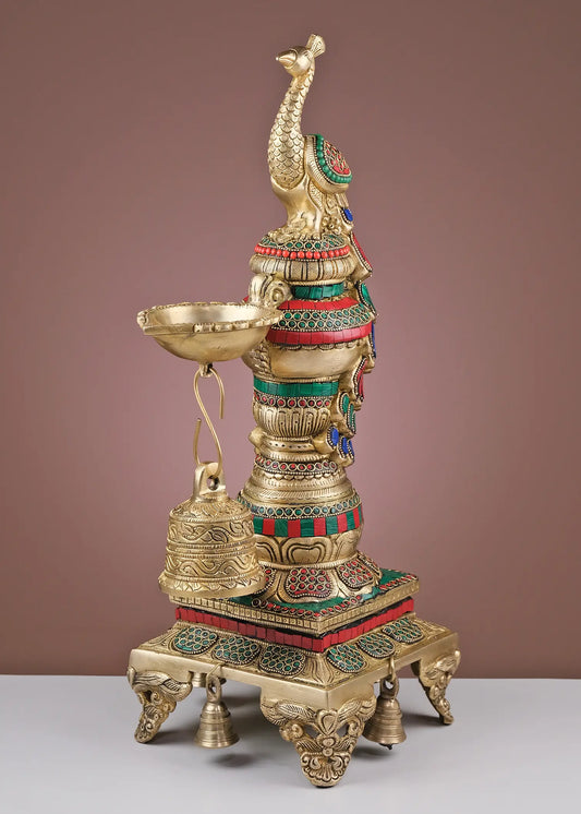 Brassaura® Peacock Brass Diya Lamp with Hanging Bell & Inlay Work | Pure Brass | Height 19 Inches & Weight 7.70 kgs