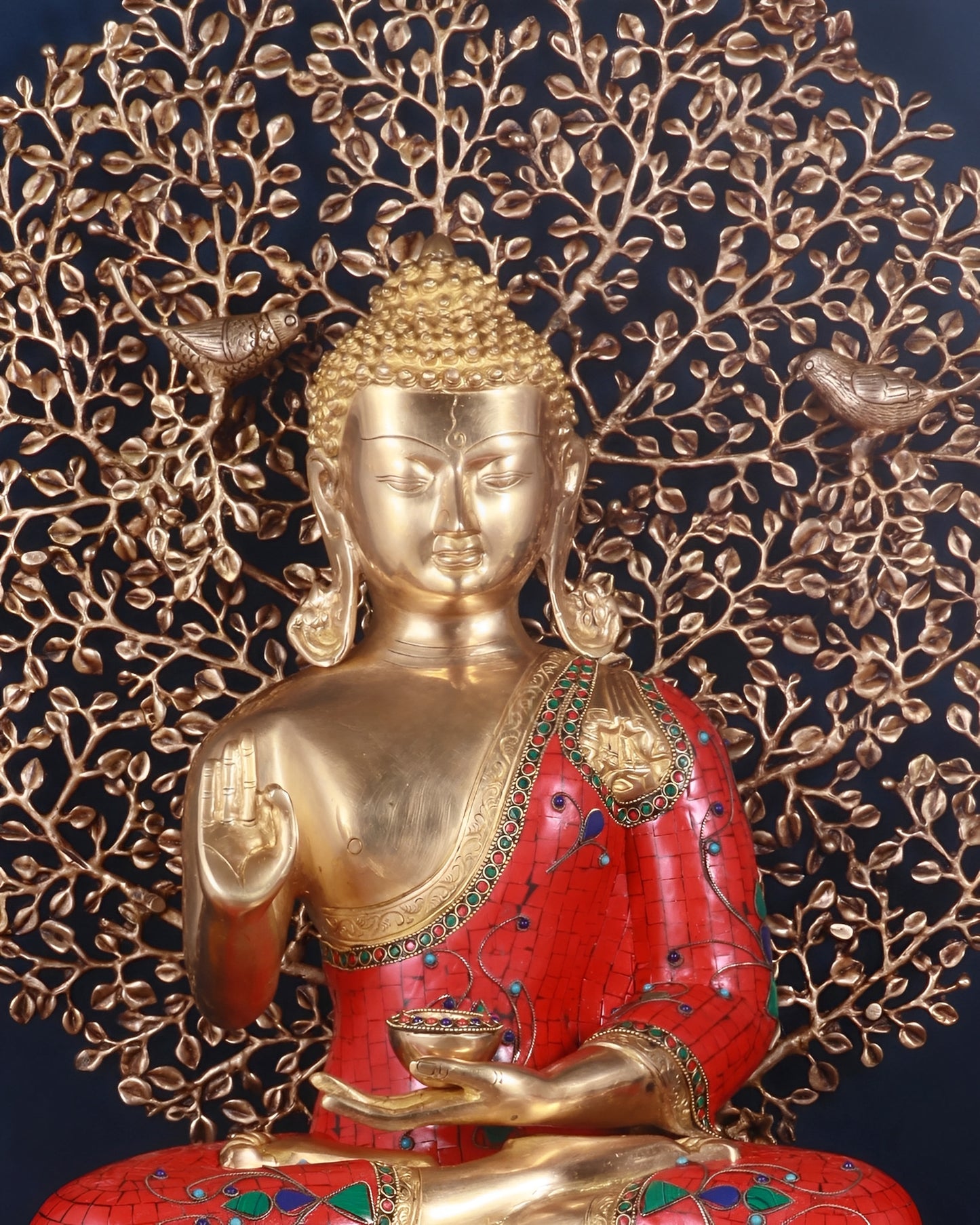 Brass Gem Stone Work Blessing Buddha Tree Statue Weight 31.98 kg & Height 24 Inch