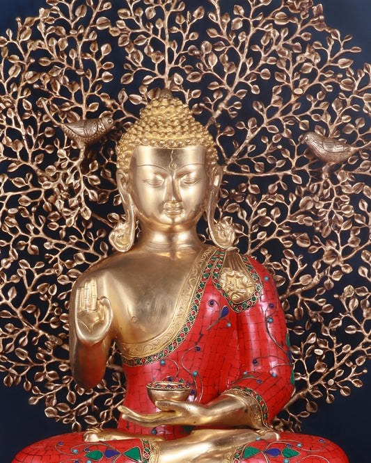 Brassaura® Gem Stone Work Blessing Buddha with Tree Idol for Home & Décor | Pure Superfine Brass Handcrafted Murti, Brass Statue for Home Temple, Pooja Room | Height 24 Inches | Weight 31.98 Kg