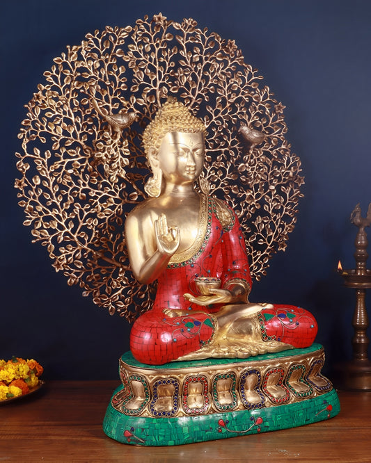 Brass Gem Stone Work Blessing Buddha Tree Statue Weight 31.98 kg & Height 24 Inch