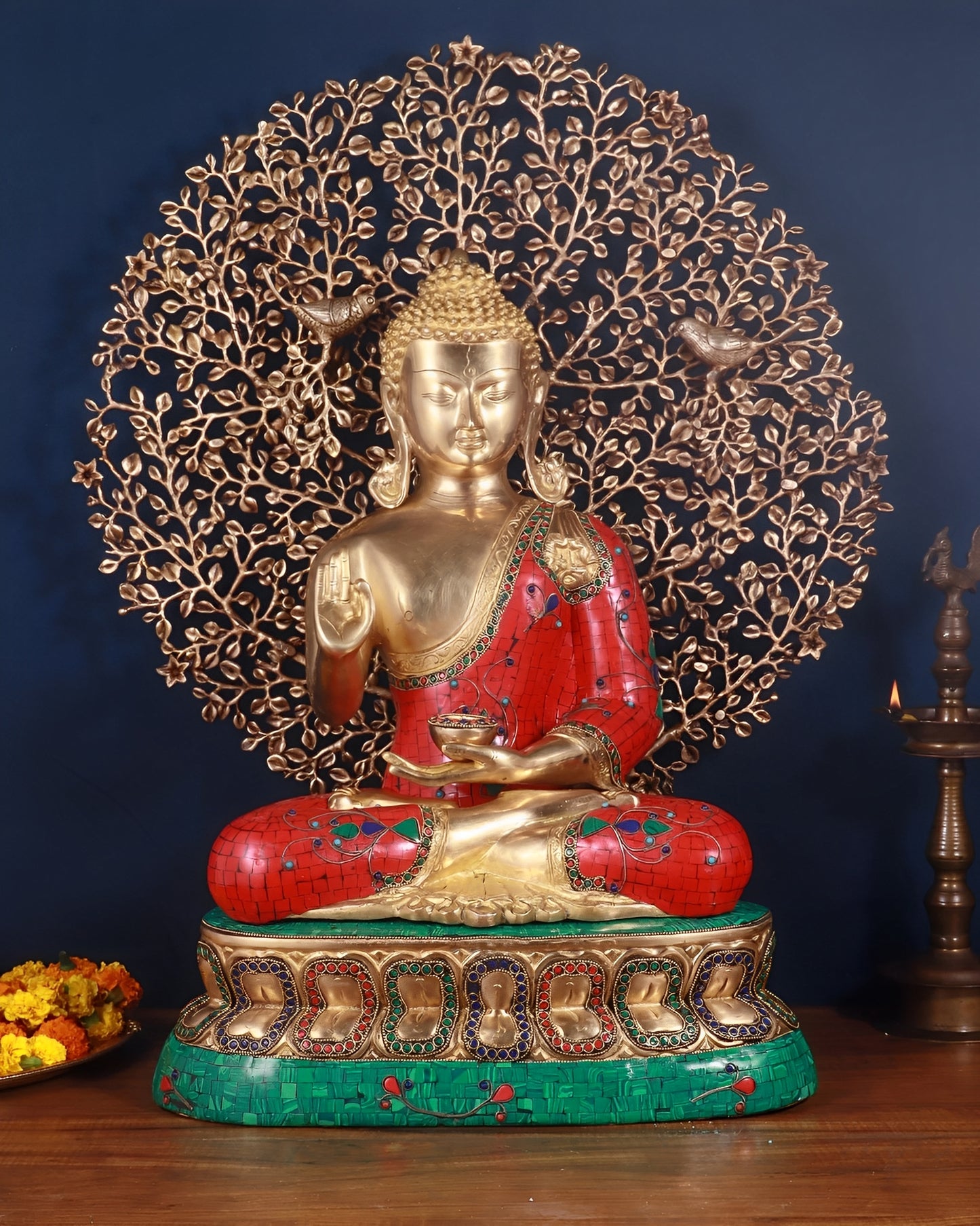 Brass Gem Stone Work Blessing Buddha Tree Statue Weight 31.98 kg & Height 24 Inch