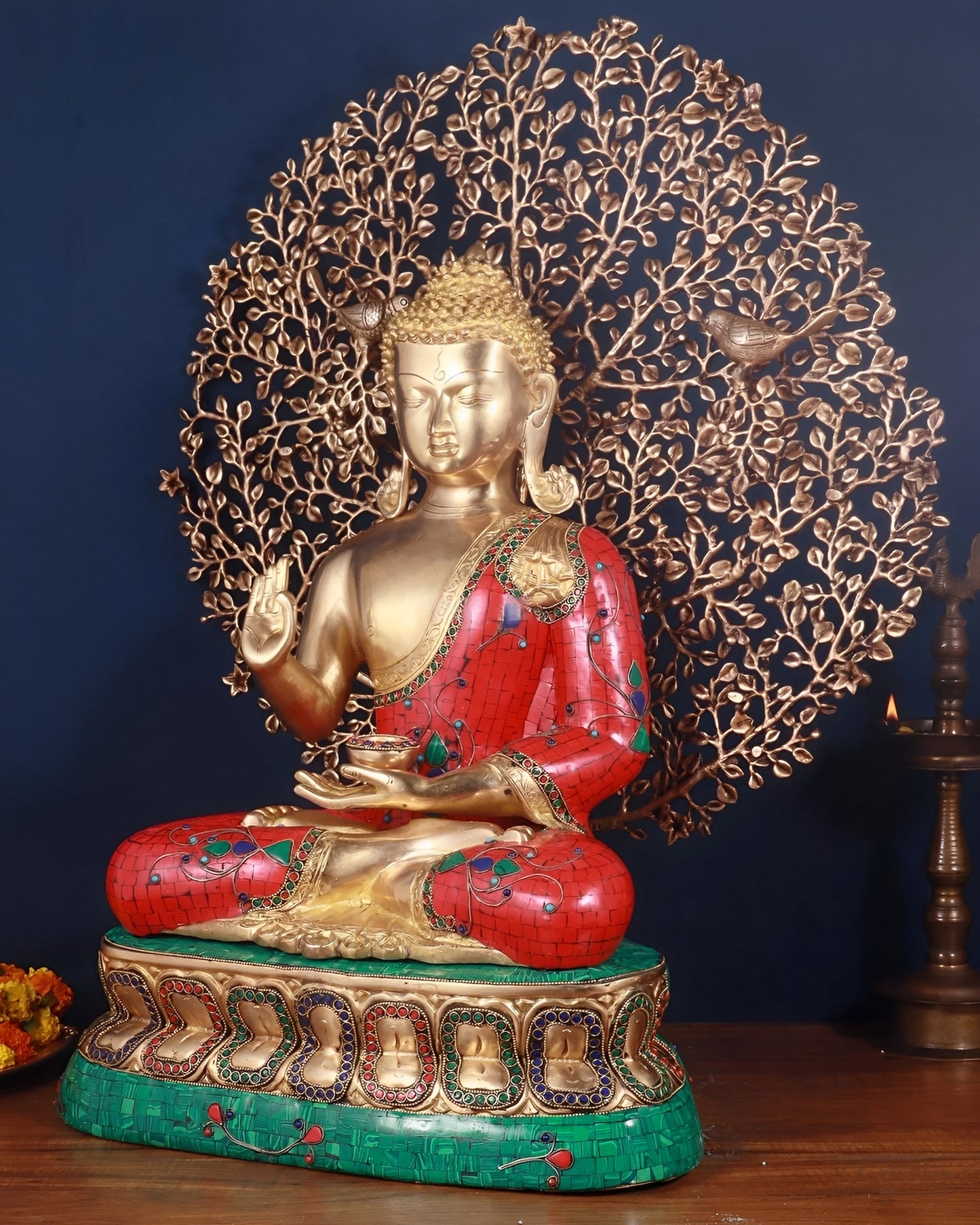 Brass Gem Stone Work Blessing Buddha Tree Statue Weight 31.98 kg & Height 24 Inch