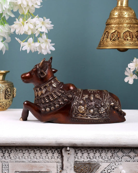 Brassaura® Brass Engraved Nandi Statue | Height 6 Inches