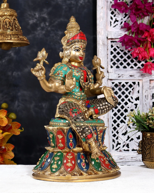 Brassaura® Lakshmi Seated Pose Idol with Multicolor Meenakari Finish | Pure Superfine Brass Handcrafted Murti | Brass Statue for Home Temple, Pooja Room | Height 14.5 Inches | Weight 8.5 Kgs