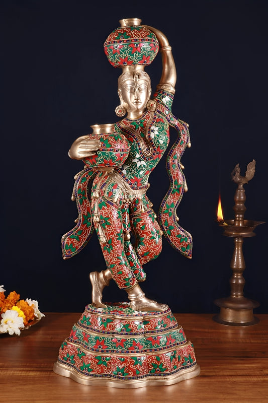 Brassaura™ Pure Brass Krishna’s Gopi with Butter Pots Statue – Height 27.2 Inches & Weight 15 Kgs | Meenakari Work Home & Temple Décor