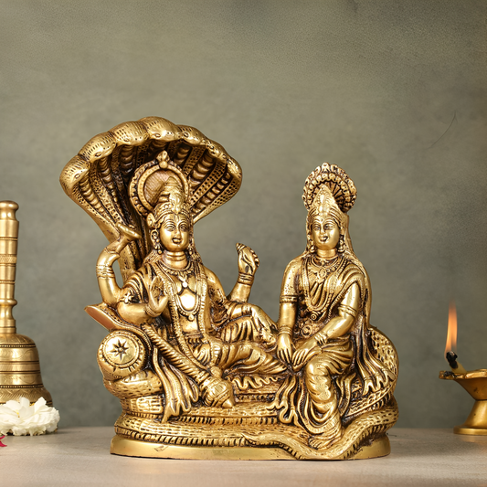 Brassaura™ Pure Brass Lakshmi Narayan Idol on Sheshnaag – 4kg, 8-Inch – Handcrafted Idol for Serenity & Prosperity in Home Temple