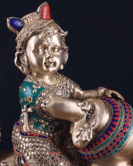 Brassaura™ Baby Krishna as Makhan Chor | Pure Brass with Meenakari Stonework | Height 12 Inches & Weight 7 Kgs