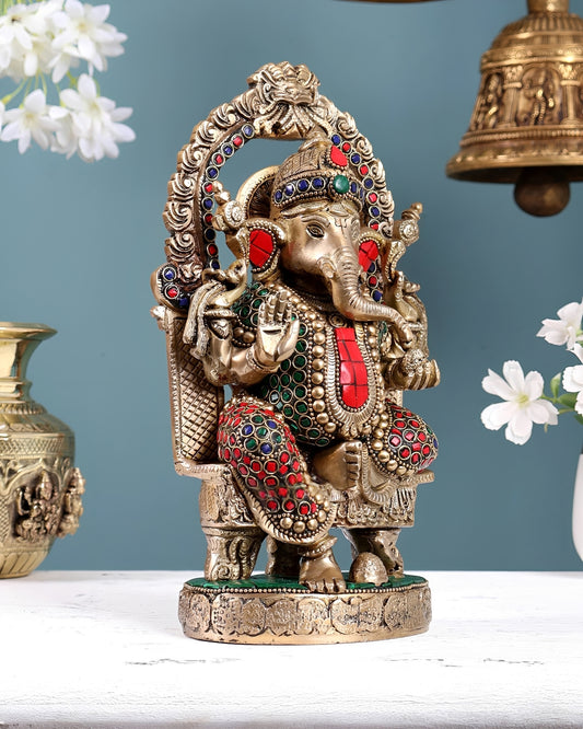 Brassaura® Brass Ganesha Statue on Throne | Height 10 Inches