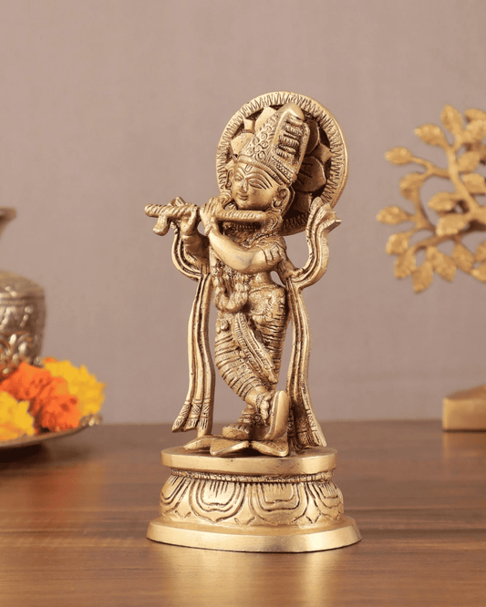 Brassaura™ Brass Lord Krishna Statue | Finely Detailed Handcrafted Idol | Height 7 Inches & Weight 1 Kg
