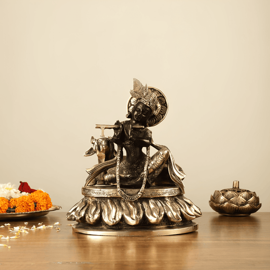 Brassaura™ Lord Krishna Sitting with Cow | Pure Brass Idol | Height 8.5 Inches & Weight 4 Kgs
