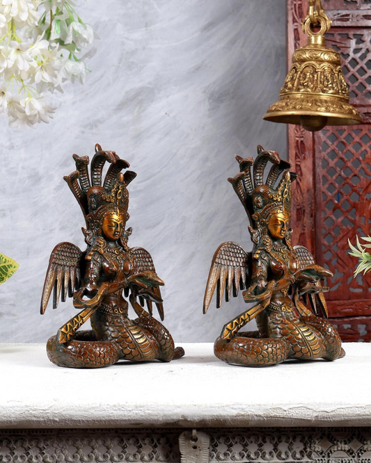 Brassaura® Pure Brass Naga Kanya Idol Pair with Antique Chola Finish | Handcrafted Divine Serpent Maiden Statues for Home Temple & Spiritual Décor | Height 8.5 Inches | Combined Weight 4 Kgs