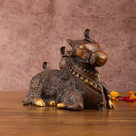 Brassaura™ Pure Brass Nandi Statue – Height 8 Inches & Weight 5.5 Kgs | Vintage Bronze Tone