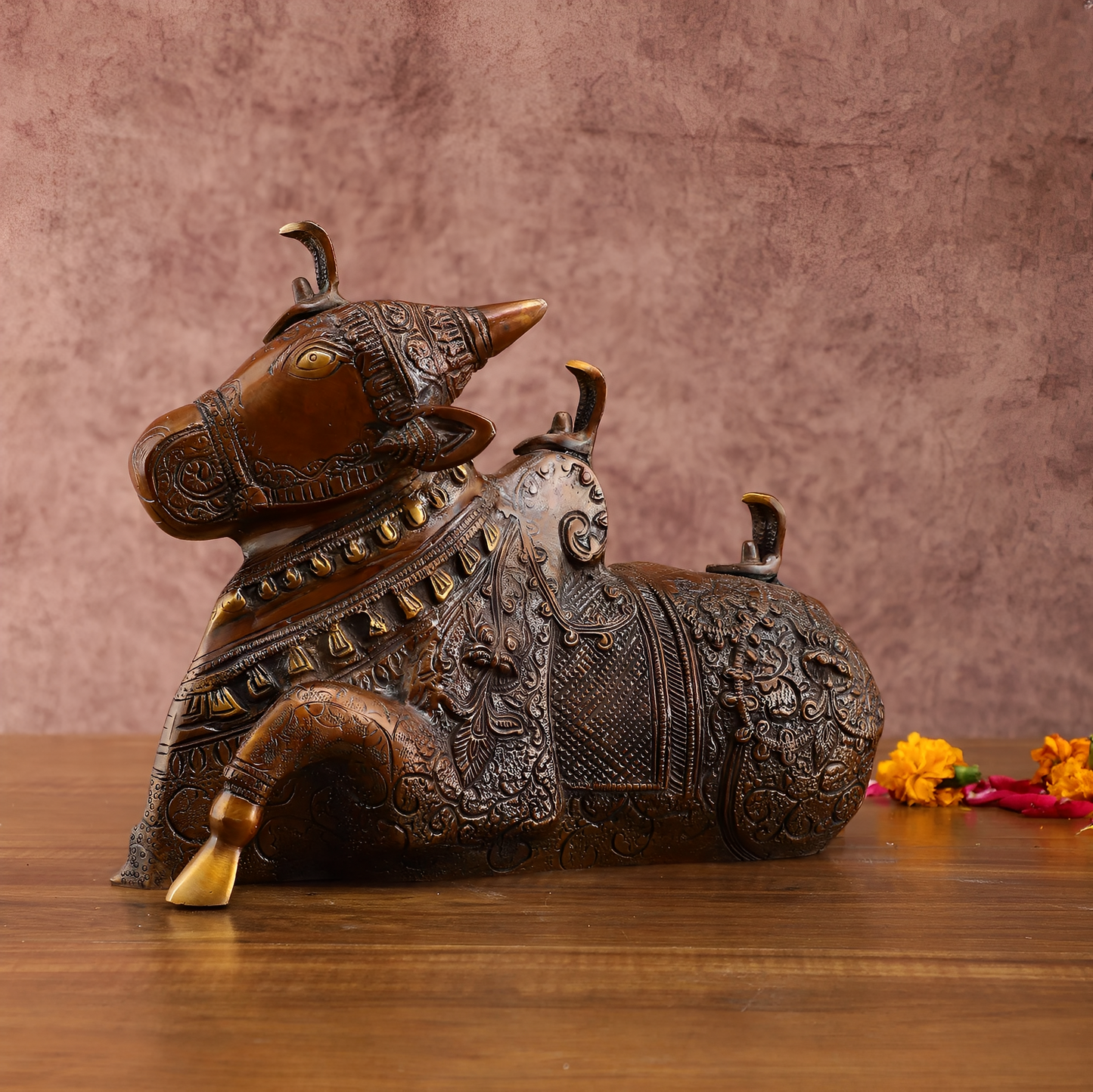 Brassaura™ Pure Brass Nandi Statue – Height 8 Inches & Weight 5.5 Kgs | Vintage Bronze Tone