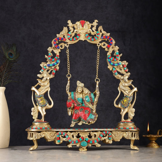 Brassaura™ Brass Radha Krishna on Swing with Natural Stones & Brass Rings – Height 18 Inches & Weight 8 Kgs | Elegant Devotional Statue