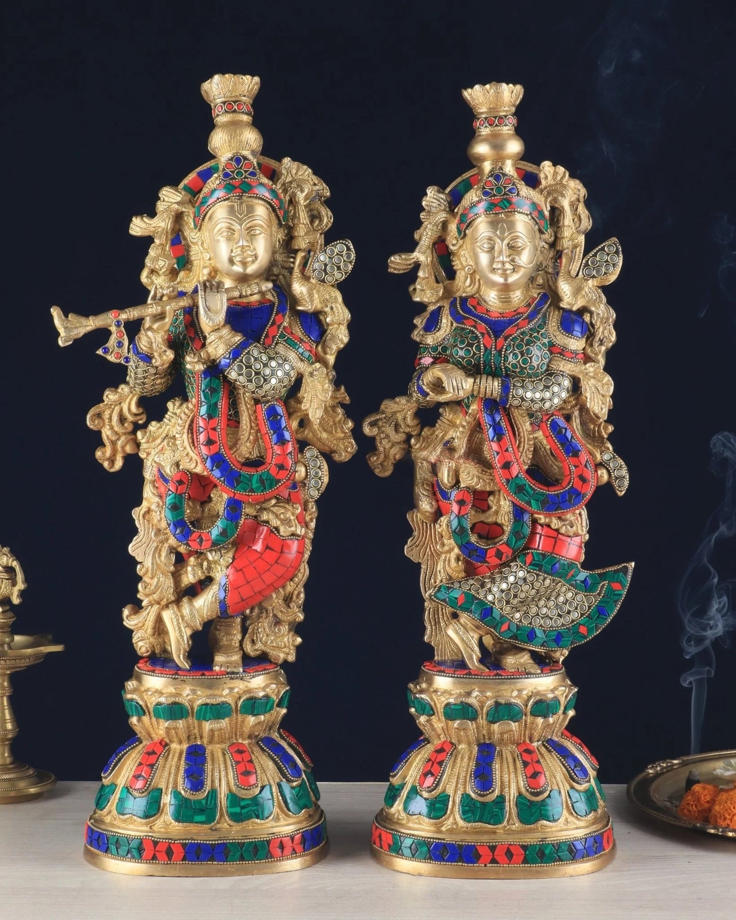 Brassaura™ Pure Brass Radha Krishna Statue with Rings & Natural Stones – Height 21 Inches & Weight 18 Kgs | Devotional Idol