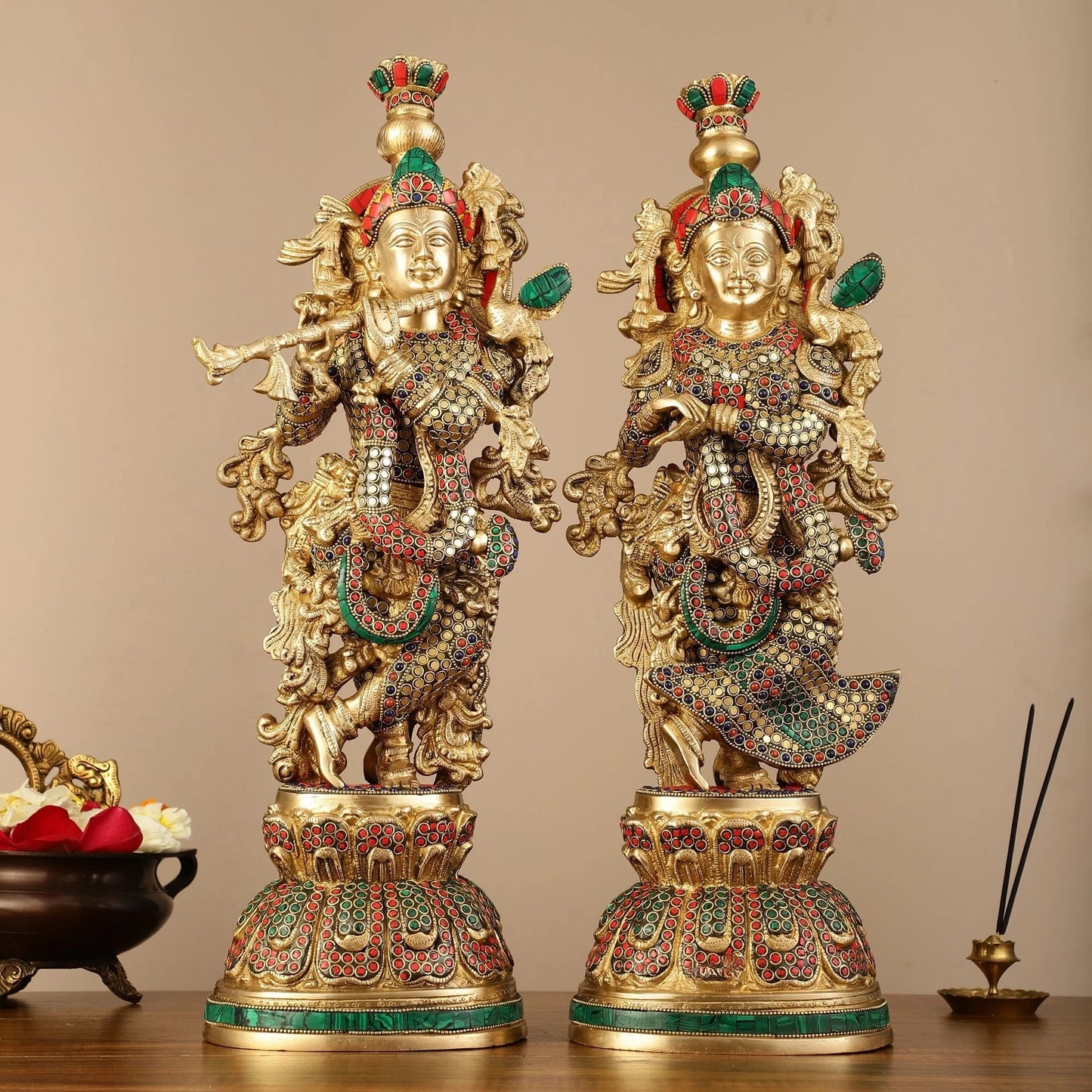 Brassaura™ Pure Brass Radha Krishna Statue with Brass Rings & Natural Stones – Height 21 Inches & Weight 18 Kgs | Elegant Devotional Idol