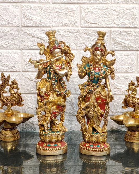 Brassaura™ Finely Carved Radha Krishna Statues – 14 Inch Height, 8.5 Kg Pair | Natural Stone & Pure Brass Ring Detailing