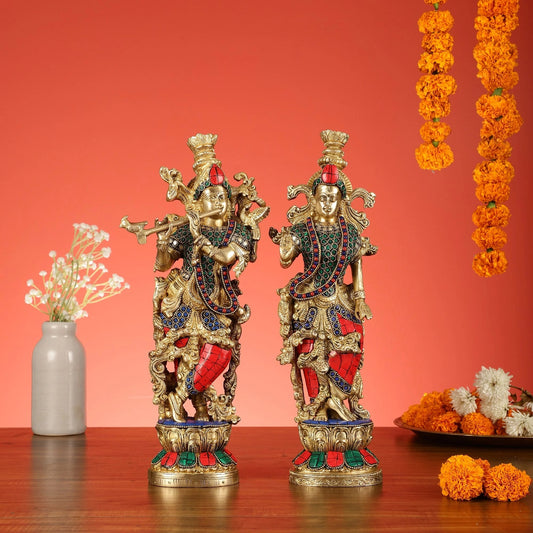 Brassaura™ Handcrafted Brass Radha Krishna Statue with Natural Stones – Height 14 Inches & Weight 8.5 Kgs | Elegant Devotional Idol