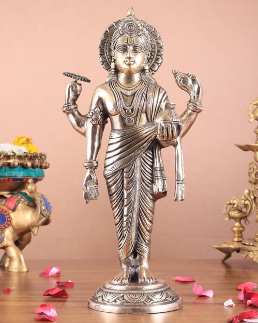 Brassaura™ Handcrafted Pure Brass Lord Dhanvantari Idol | 15 Inch Height | 4.16 KG Weight | Natural Brass Finish
