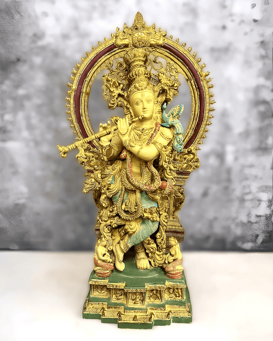 Brassaura™ Lord Krishna Handpainted with Large Prabhavali Frame | Pure Brass | Height 32 Inches & Weight 33 Kgs
