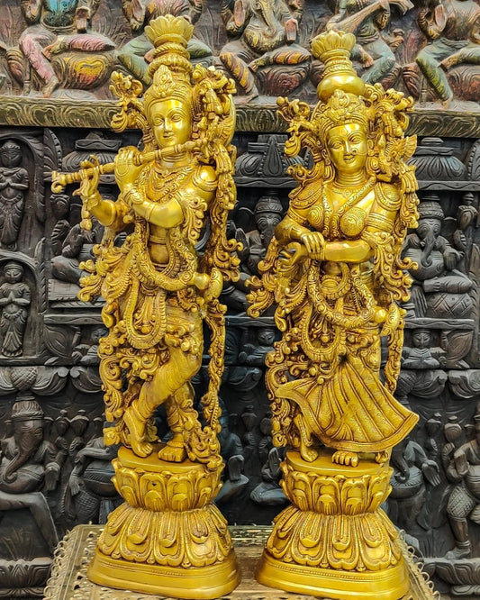 Brassaura™ Pure Brass Radha Krishna Idols – 30 Inch Height, 35 Kg Pair | Serene & Blissful Home Decor