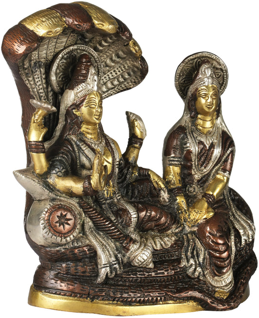 Brassaura® Vishnu Lakshmi Sheshnaag Seated Brass Sculpture | Brass | Height 8.7 Inches & Weight 3.30 kgs
