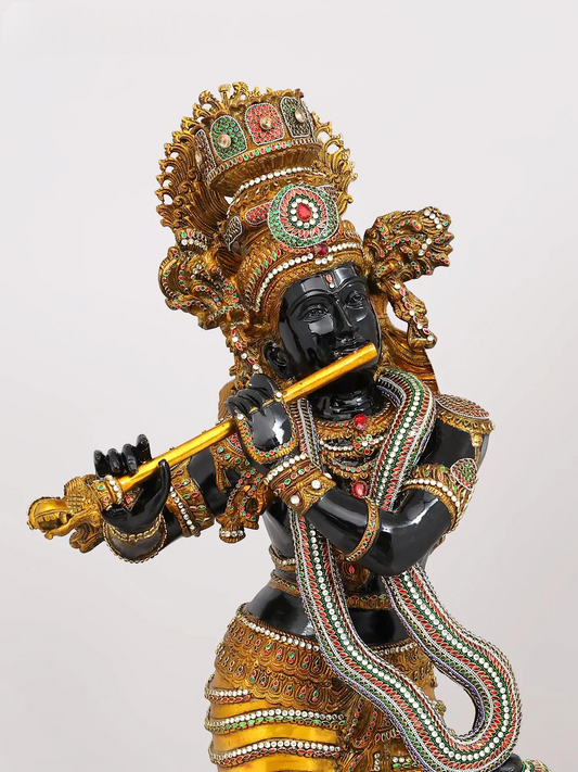 Brassaura® Krishna Standing Playing Flute Idol with Black Colour and Colourful Stone Inlay Finish | Pure Superfine Brass Handcrafted Murti | Brass Statue for Home Temple, Pooja Room | Height 45 Inches | Weight 56 Kgs
