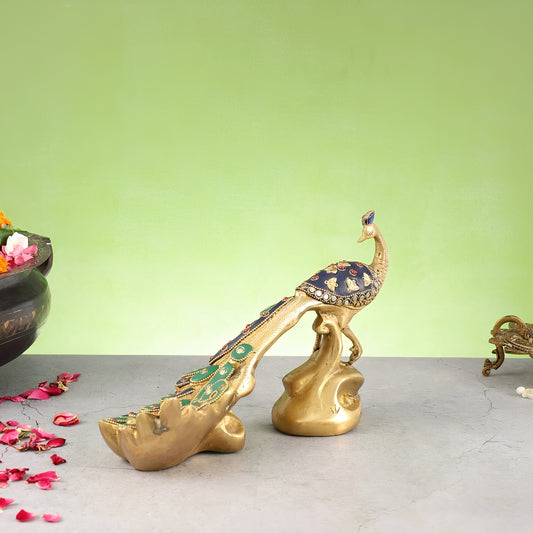 Brassaura® Superfine Brass Peacock Showpiece with Stonework – Height 7 Inches & Weight 3 Kgs