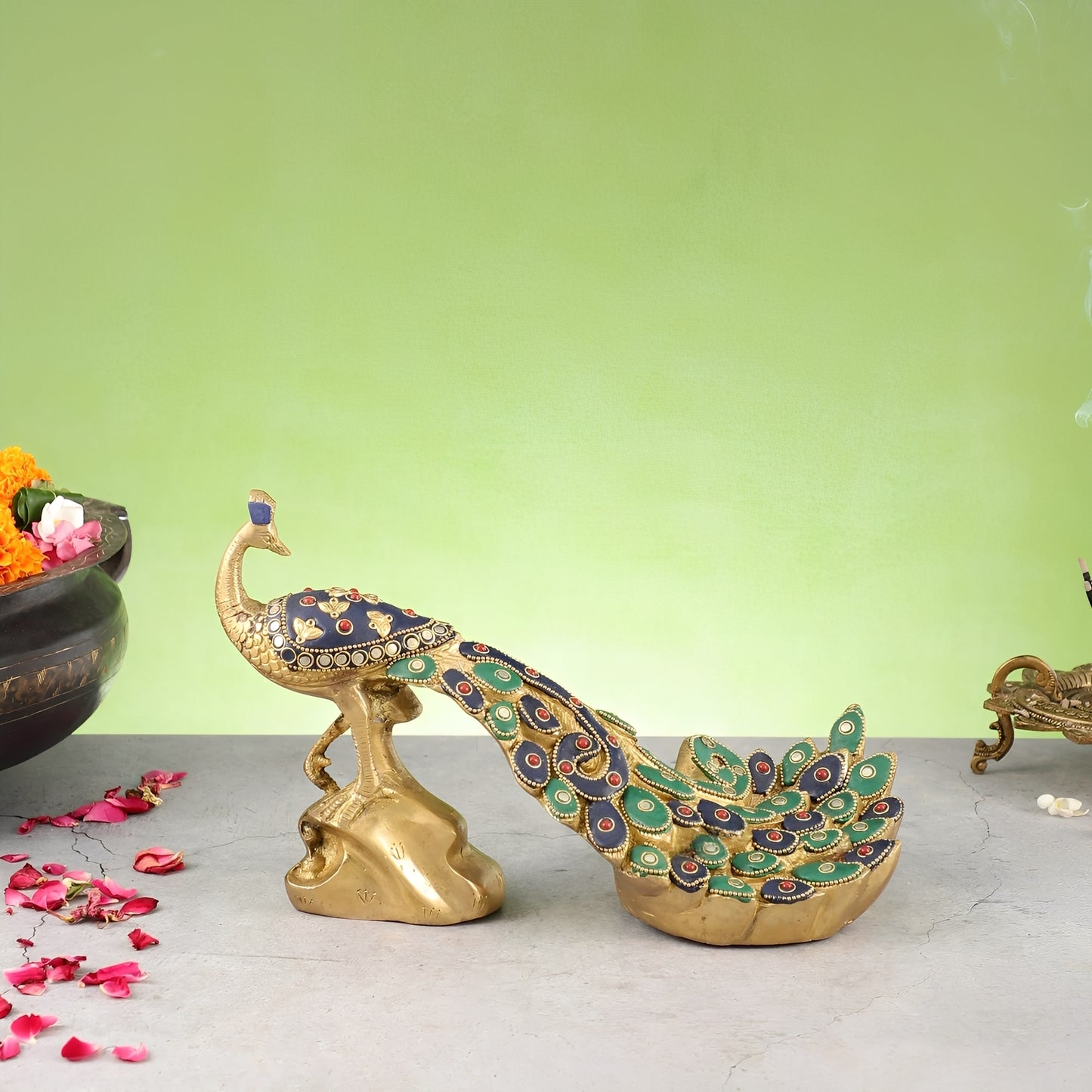 Brassaura™ Superfine Brass Peacock Showpiece with Stonework – Height 7 Inches & Weight 3 Kgs