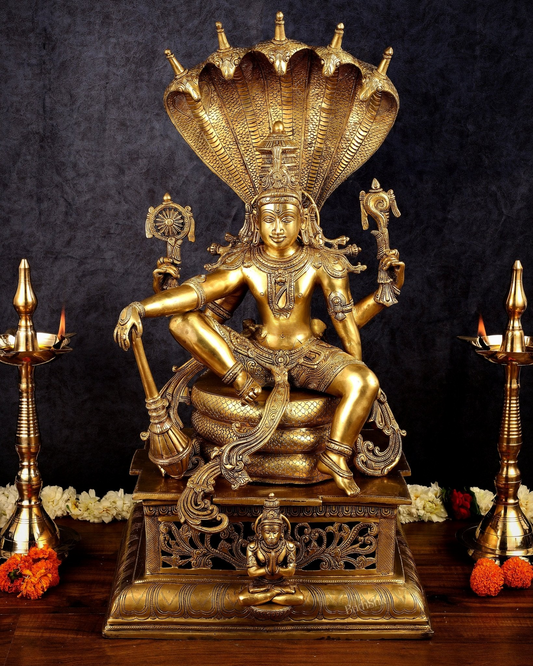 Brassaura™ Superfine Brass Shri Hari Narayana Statue Seated Under Sheshanaag | 29 Inch Height | 35 KG Weight | Finely Casted