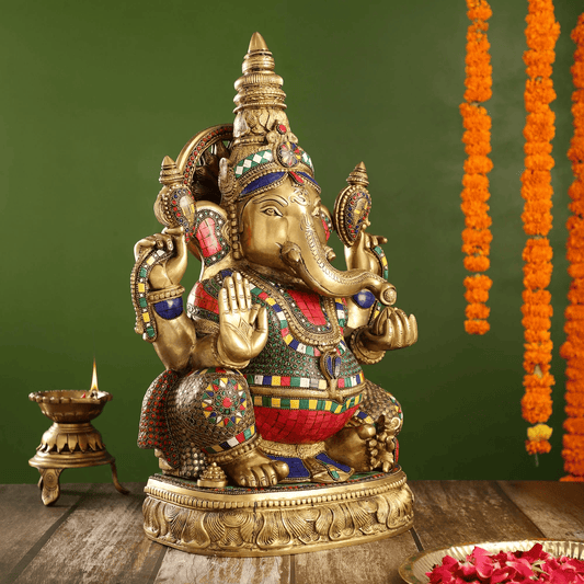 ब्रासौड़ा® स्टोनवर्क के साथ अति उत्तम पीतल सूर्य गणपति प्रतिमा | ऊंचाई 20 इंच