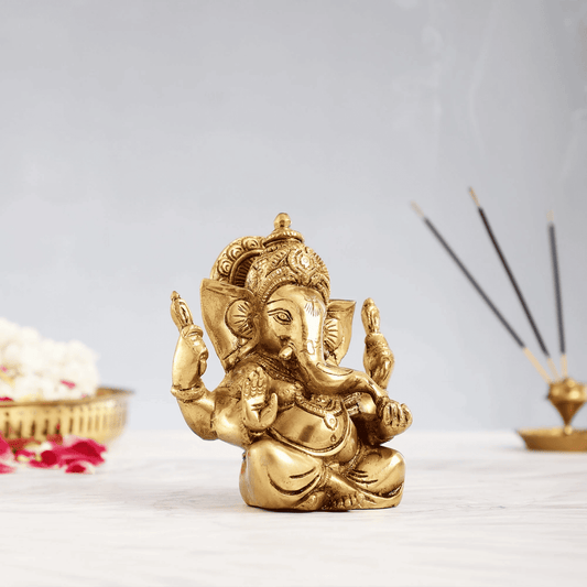 Brassaura™ Pure Brass Lord Ganesha Idol with Golden Finish | Height 6 Inches & Weight 1 Kg