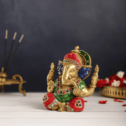 Brassaura® हस्तनिर्मित पीतल भगवान गणेश मूर्ति मीनाकारी स्टोनवर्क के साथ | ऊंचाई 6 इंच