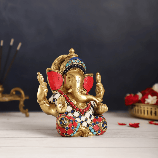 ब्रासुर® शुद्ध पीतल मीनाकारी गणेश प्रतिमा रंगीन सैंडस्टोन चेक वर्क के साथ | ऊंचाई 6 इंच
