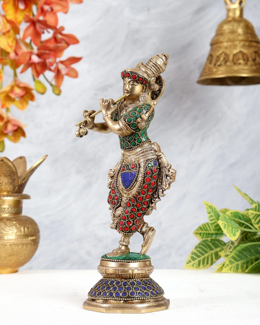 Brassaura® Brass Krishna Statue with Floral Stonework | Height 9.5 Inches