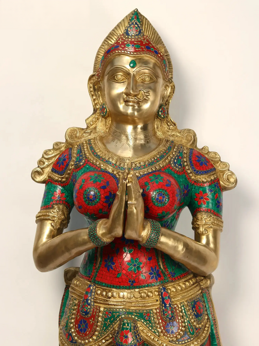 Brassaura® Standing Namaste Lady Statue | Brass with Inlay Work | Height 72.6 Inches & Weight 126.30 kgs