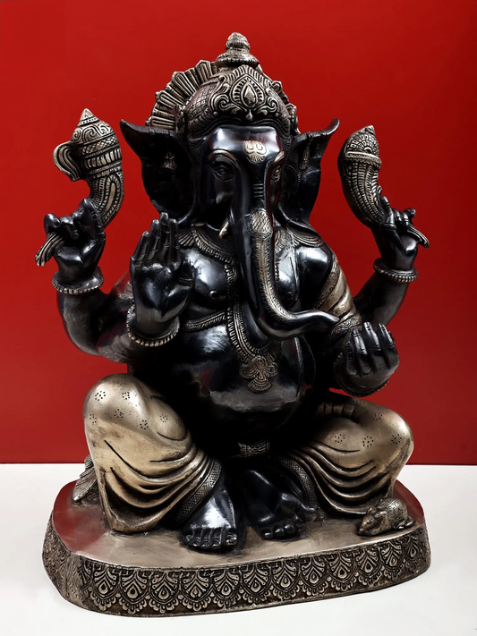Brassaura™ राजसी काला और एंटीक गणेश प्रतिमा | ऊँचाई 21 इंच और वज़न 23.80 किलोग्राम